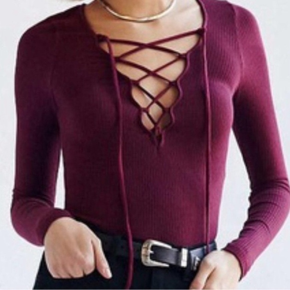 FREE PEOPLE Lace Up Long Sleeve Top Burgendy